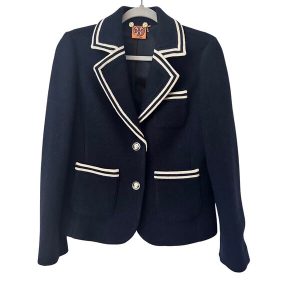 Tory Burch Nautical Wool Blazer Blue and White Size Medium EUC - Picture 2 of 6